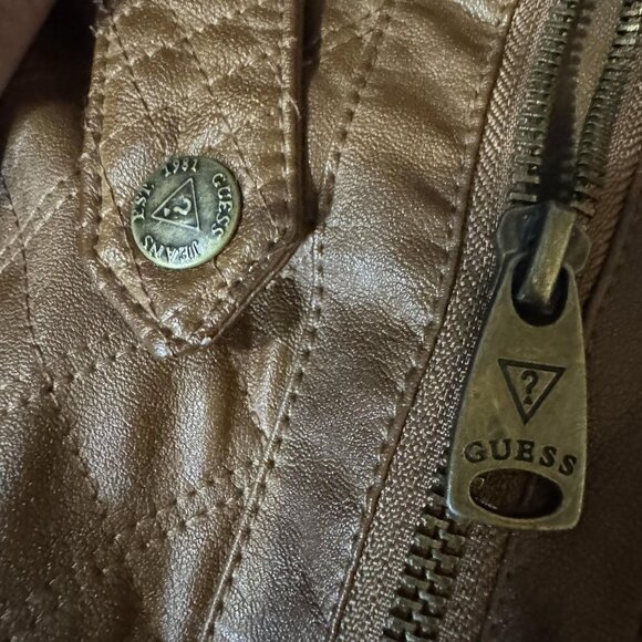 Guess Jacket Womens Medium Brown Quilted Faux Leather Moto Stand Collar Zipper - Picture 5 of 13